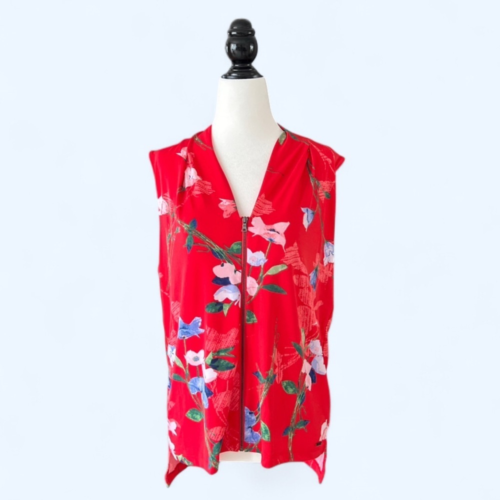 Tahari Womens Red Floral Zip Up Cover Up Shirt Casual Euro Summer Vacation Small